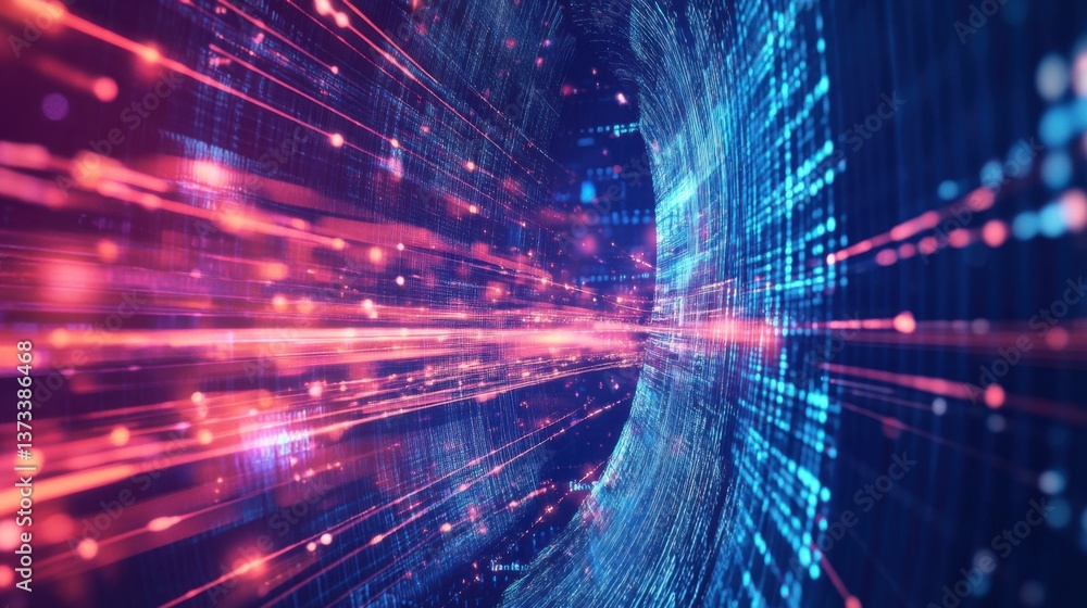 Poster a vibrant digital tunnel of light and data streams, showcasing a futuristic perspective with vivid c