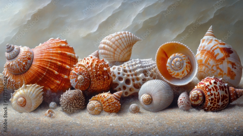 Poster a colorful array of seashells displayed on sandy terrain, showcasing various shapes and intricate pa
