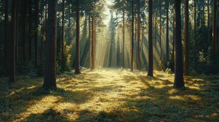 Fototapeta premium A serene forest scene with sunlight filtering through tall trees, creating a peaceful atmosphere on the lush, green ground.