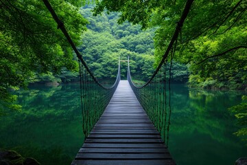 A serene view of a wooden suspension bridge crossing over a tranquil, green-tinted lake, surrounded by lush foliage and mountains.