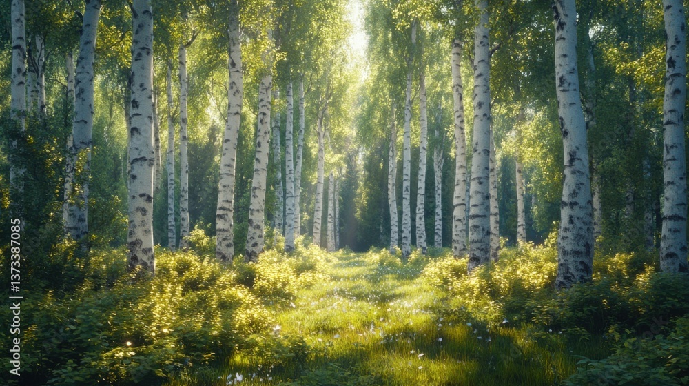Poster lush forest scene with tall birch trees and vibrant greenery, illuminated by sunlight filtering thro