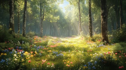A serene forest scene featuring vibrant wildflowers and sunlight streaming through lush trees, creating a peaceful outdoor atmosphere.