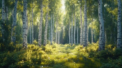 Fototapeta premium Lush forest scene with tall birch trees and vibrant greenery, illuminated by sunlight filtering through the leaves, creating a serene and tranquil atmosphere.
