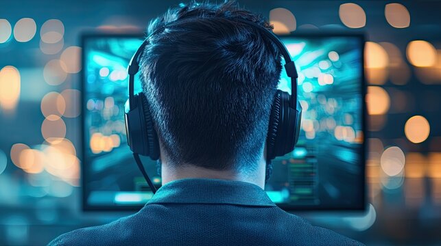 Gaming experience home office digital content virtual environment rear view immersive technology