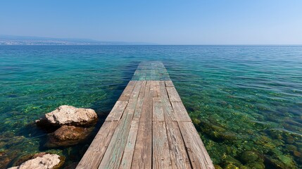 Fototapeta premium Serene Ocean Pier Wooden Walkway Crystal Clear Water Summer Vacation