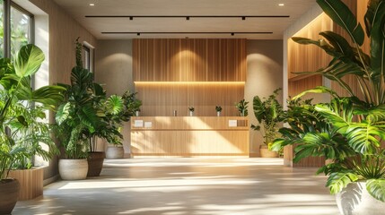 A modern interior space featuring a wooden reception desk surrounded by lush green plants and natural light.
