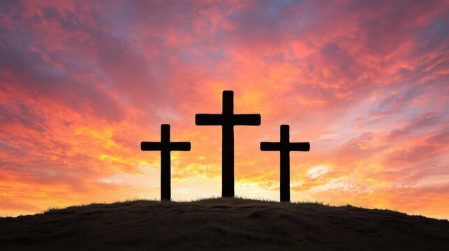 Three crosses silhouetted against a dramatic fiery sunset sky representing the crucifixion of Jesus Christ and the central tenets of Christianity   faith sacrifice and redemption