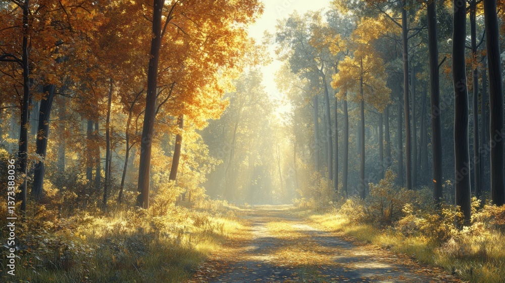 Poster a serene forest path illuminated by golden autumn light, surrounded by vibrant trees and soft foliag