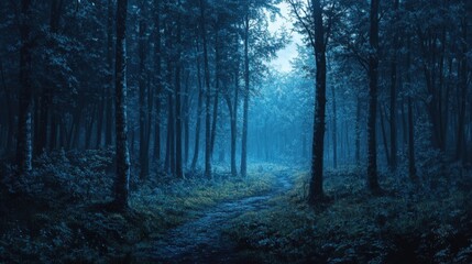 Fototapeta premium A mystical forest scene shrouded in blue hues, featuring tall trees and a winding path, evoking a sense of tranquility and mystery.
