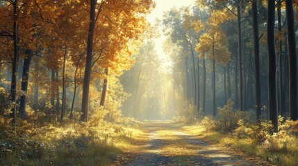 Obraz premium A serene forest path illuminated by golden autumn light, surrounded by vibrant trees and soft foliage, inviting calm and reflection.