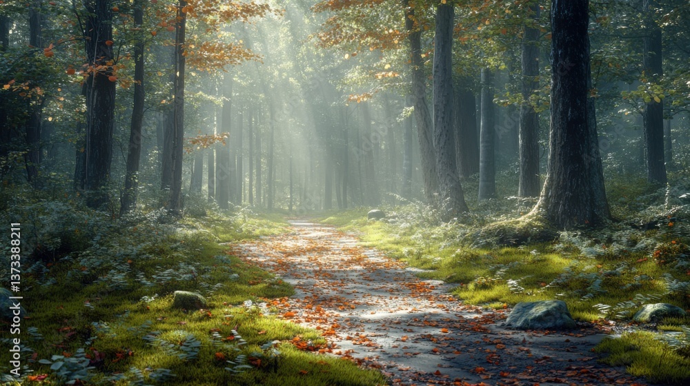 Poster a serene forest path illuminated by soft sunlight filtering through leaves, creating a peaceful and 