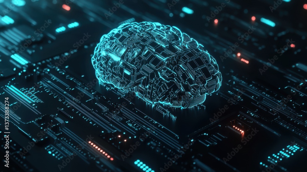 Poster a digital representation of a brain, glowing in blue over a circuit-like background, symbolizing the