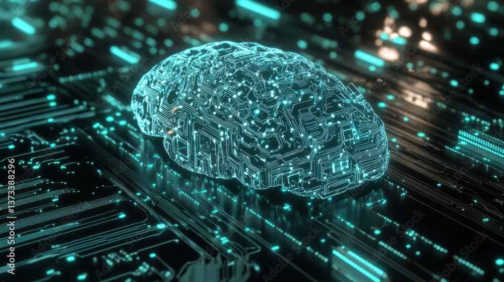 Poster a digital representation of a brain composed of circuit patterns, symbolizing the intersection of te