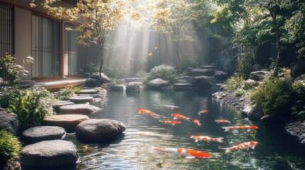 Fototapeta premium A serene garden scene featuring koi fish swimming in clear water, surrounded by lush greenery and sunlight filtering through the trees.