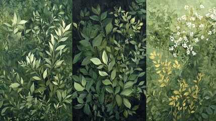 Lush Green Foliage  Botanical Art Print  Nature Triptych  Garden Decor  Greenery Wall Art