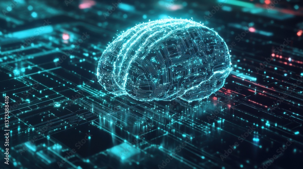 Poster a futuristic digital brain composed of glowing circuits, symbolizing technology, artificial intellig