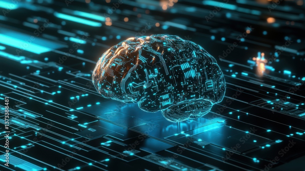 Poster a futuristic digital brain design surrounded by circuit-like patterns, representing artificial intel
