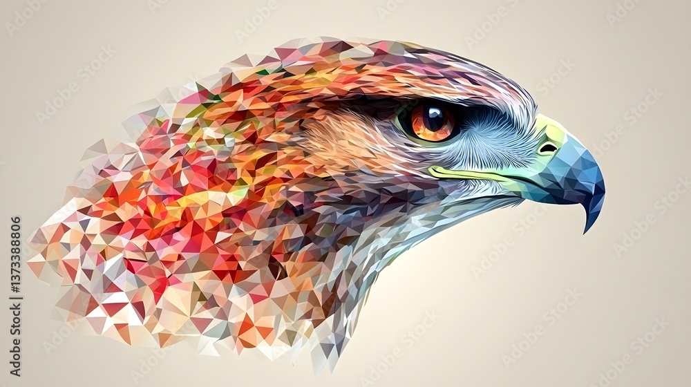 Poster abstract polygonal hawk head illustration with colorful features and dynamic composition in artistic