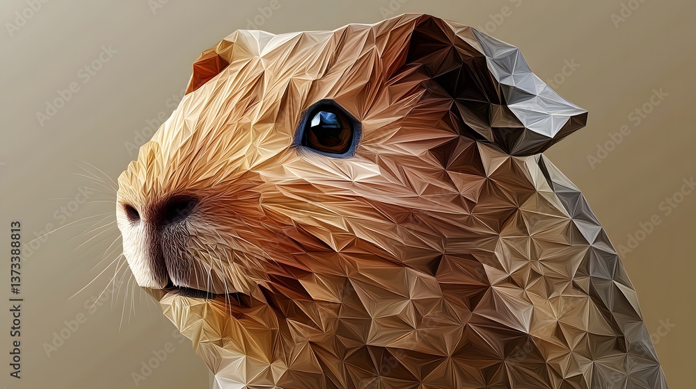 Poster abstract polygonal guinea pig head in realistic style with intricate geometric patterns and vivid co