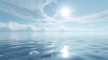 Obraz premium A tranquil scene featuring a serene ocean under a bright sun, with gentle waves and clouds reflecting a peaceful atmosphere.