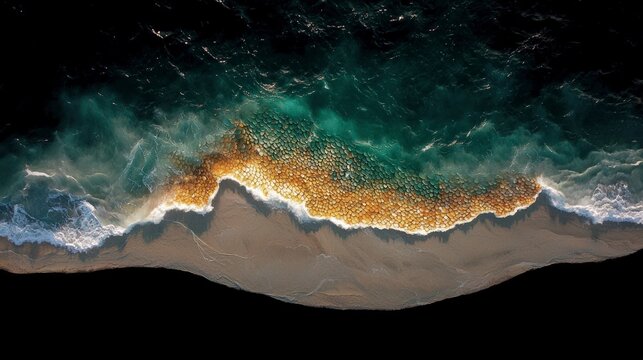Aerial View of Ocean Wave Crashing on Sandy Beach  Coastal Seascape  Nature Photography
