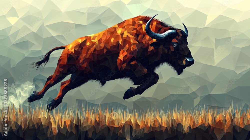 Poster abstract polygonal minimalist bison running through a field in a creative and artistic representatio