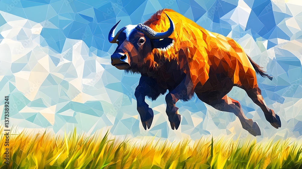 Poster abstract polygonal minimalist bison running through a field in a creative and artistic representatio