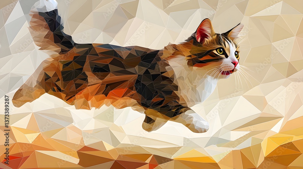 Poster abstract polygonal minimalist illustration of a cat jumping in a whimsical and playful style with ge
