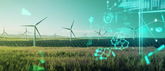 Scientists developing AI powered sustainable energy solutions, high-tech solar energy farm with real-time panel performance data and energy optimization algorithms, High-tech style