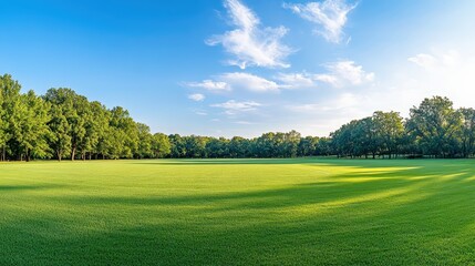 A serene green field bordered by trees under a blue sky with fluffy clouds, creating a peaceful outdoor scene.