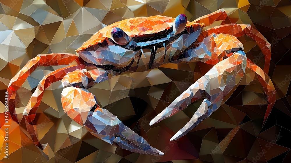 Poster abstract polygonal minimalist illustration of a crab jumping in a whimsical and playful style with g