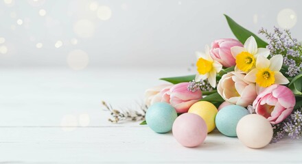 Obraz premium Pastel Easter Eggs and Spring Flowers