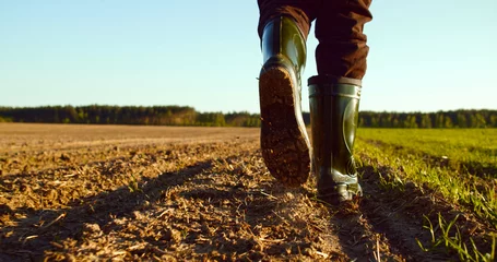 Low angle: man walking in rubber boots in a farmer's field, the blue sky above the horizon. Man walking through an agricultural field. Farmer walks through a plowed field in early spring. © Valua Vitaly