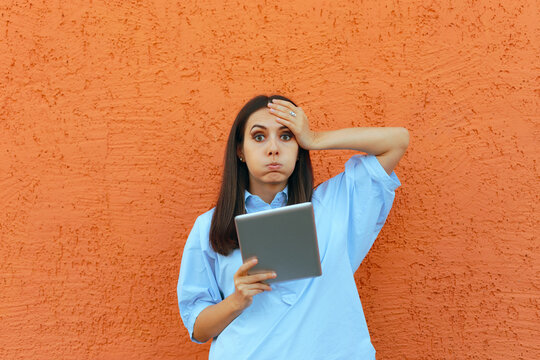 Businesswoman Holding a Tablet and Having a Revelation Thought. Manager forced to keep the corporate secrets feeling frustrated 
