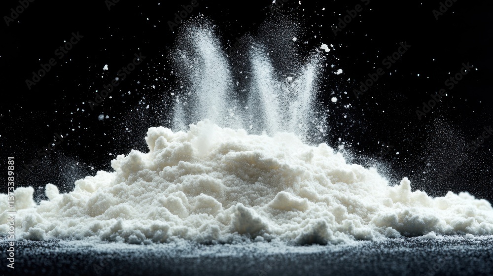 Poster a fine white powder is piled up, with particles swirling and dispersing in the air, creating a dynam