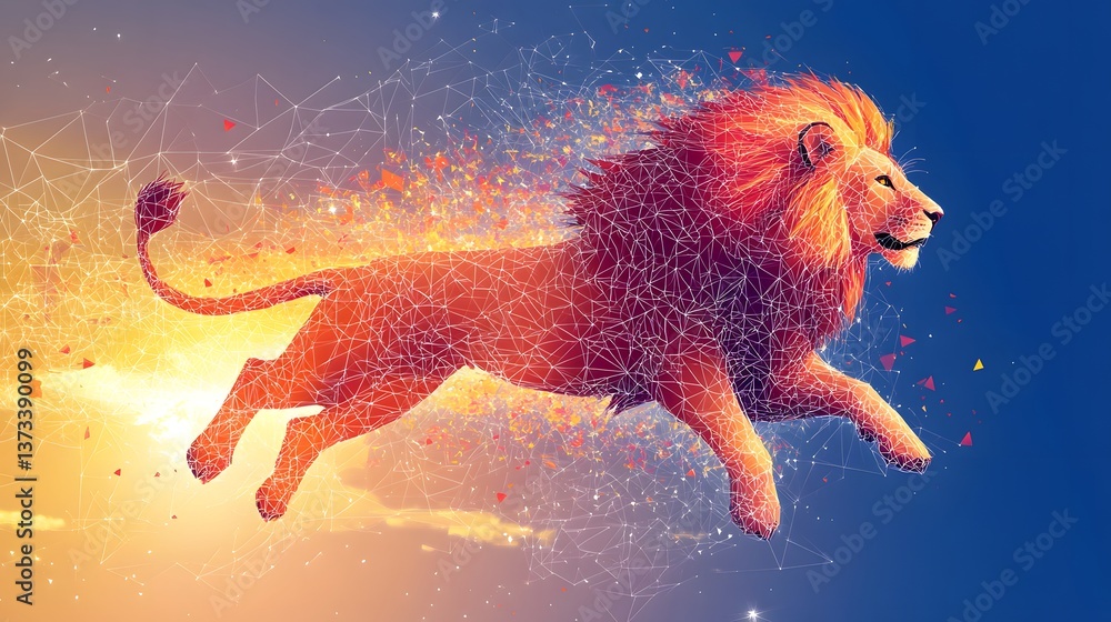 Aufkleber intriguing lion illustrated with a network of dots in a stunning abstract polygonal minimalist style