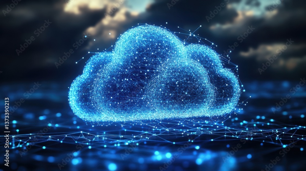 Poster a digital representation of a cloud made of interconnected dots, symbolizing data storage and techno