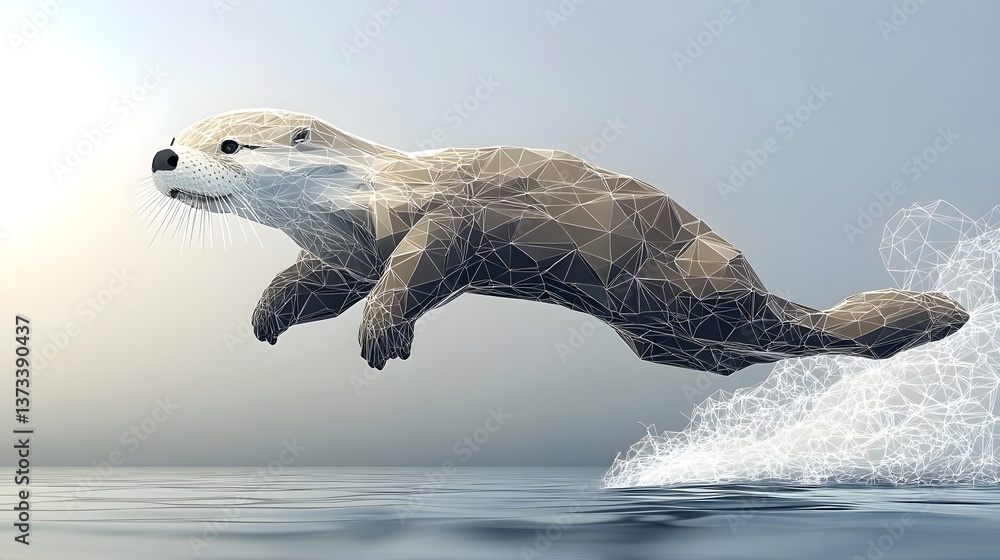 Poster playful sea otter leaping out of the water creating splashes in a joyful display of energy and fun