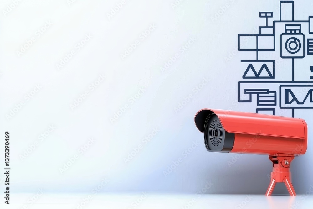 Poster a red security camera is positioned against a light backdrop, complemented by graphic elements depic