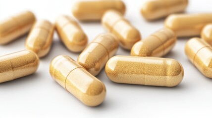 A collection of golden capsules scattered on a surface, showcasing their smooth texture and shiny appearance.