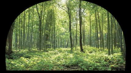 Naklejka premium Serene Bamboo Forest Sunlight Dappled Green Leaves Tranquil Nature Scene