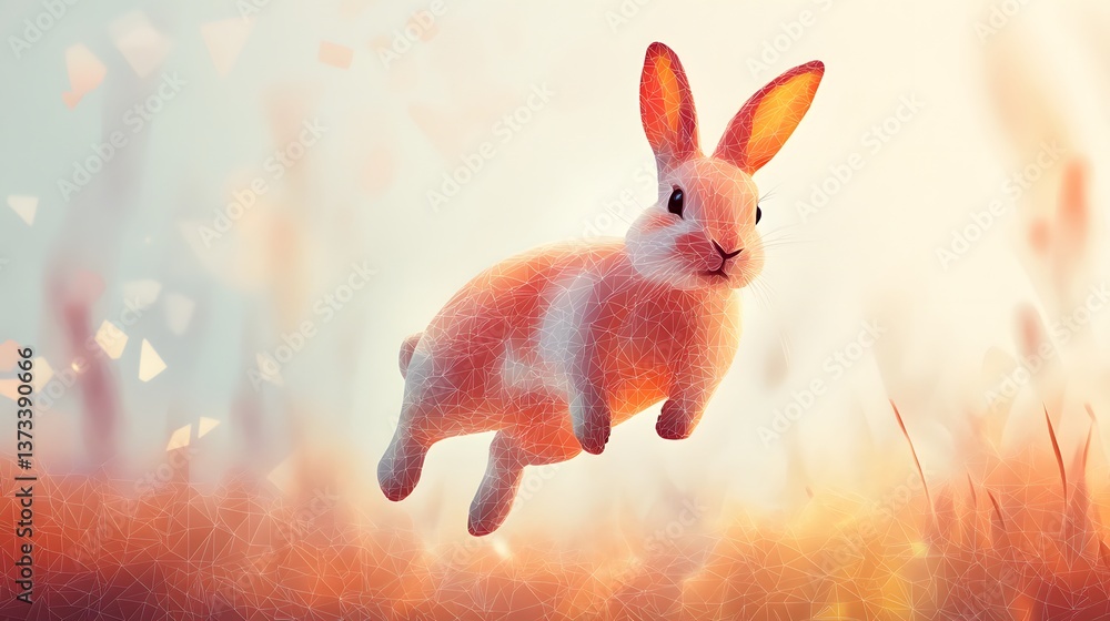 Poster abstract polygonal minimalist rabbit leaping joyfully in the air in a colorful and playful artistic 