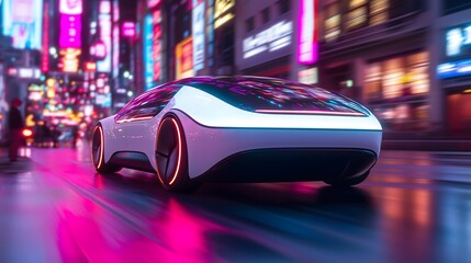 Fototapeta premium ESG, sustainability and innovation: A concept car powered by hydrogen fuel cells, sleek aerodynamic design, driving through a neon-lit smart city at night.