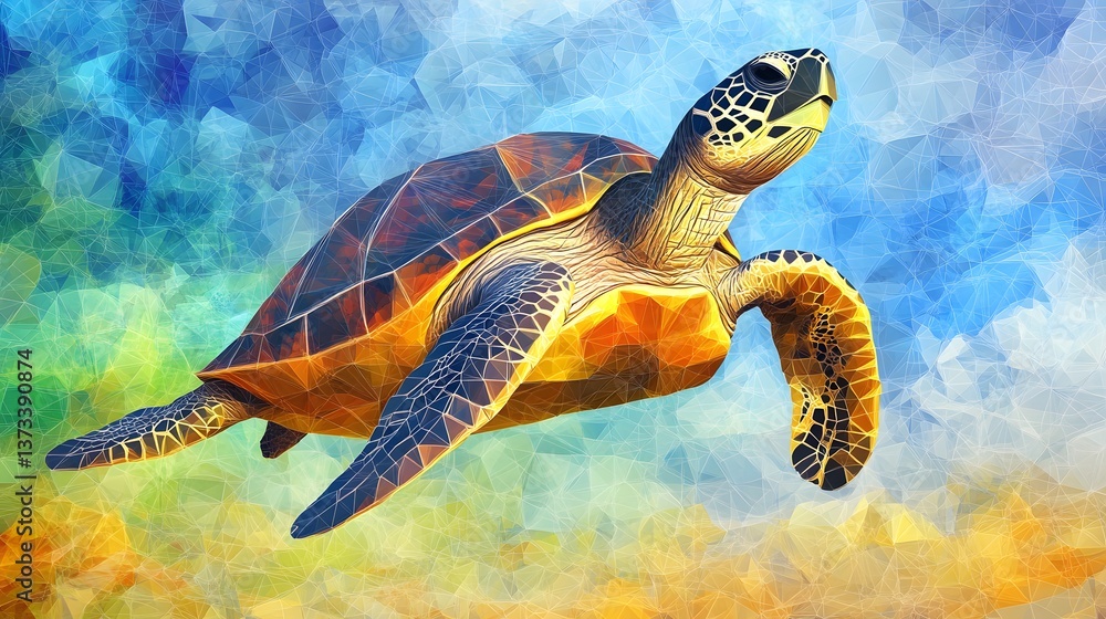 Poster artistic representation of a turtle swimming gracefully in the deep blue ocean with abstract polygon