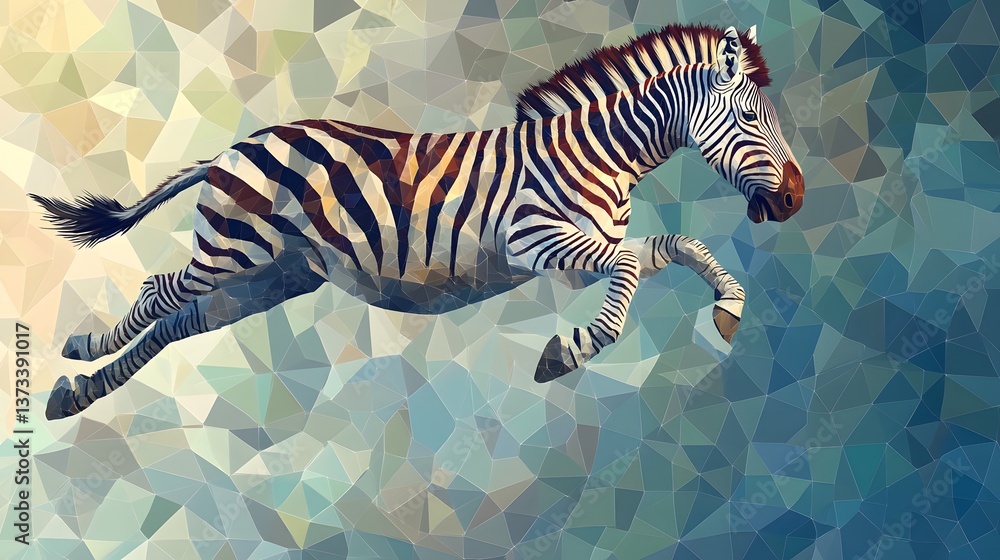 Poster dynamic representation of a zebra running in the air with abstract polygonal elements capturing its 