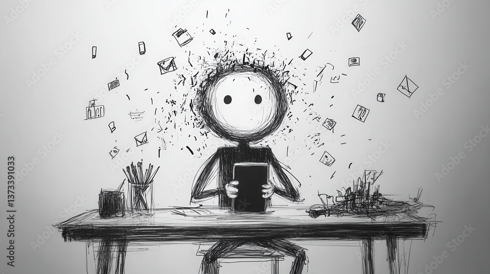 Poster a character appears overwhelmed by scattered thoughts and images while sitting at a desk, highlighti