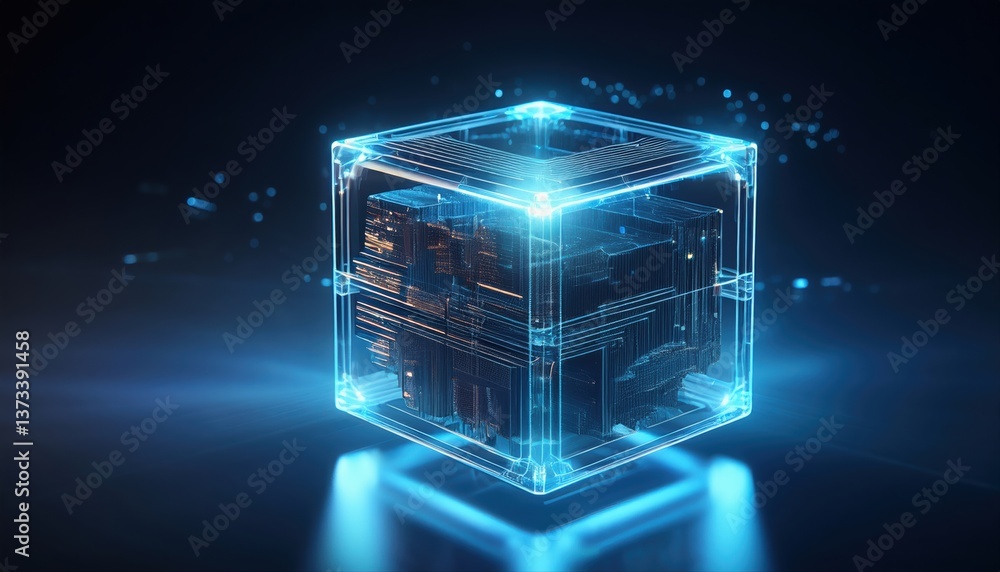 Poster floating semi-transparent cube emitting glowing light from internal layers representing ai visualiza