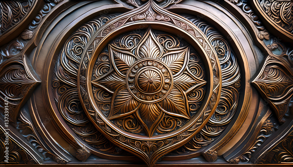 Poster intricate wooden carving featuring a circular mandala design with detailed patterns and texture