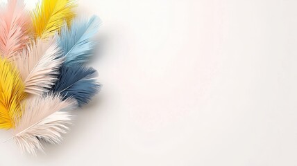 A vibrant arrangement of decorative feathers in pastel colors, set against a light background, creating a playful and artistic visual.