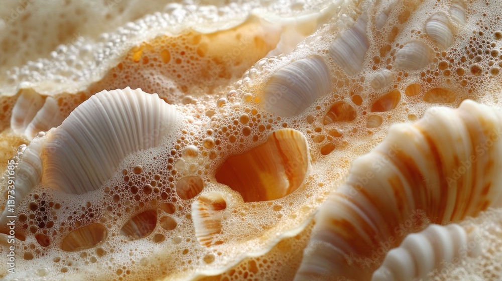 Poster A close-up view of seashells submerged in frothy water, showcasing their intricate patterns and textures against a soft, bubbly backdrop.